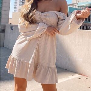 Baevely Mini Dress Boho Off-Shoulder Tan Large
